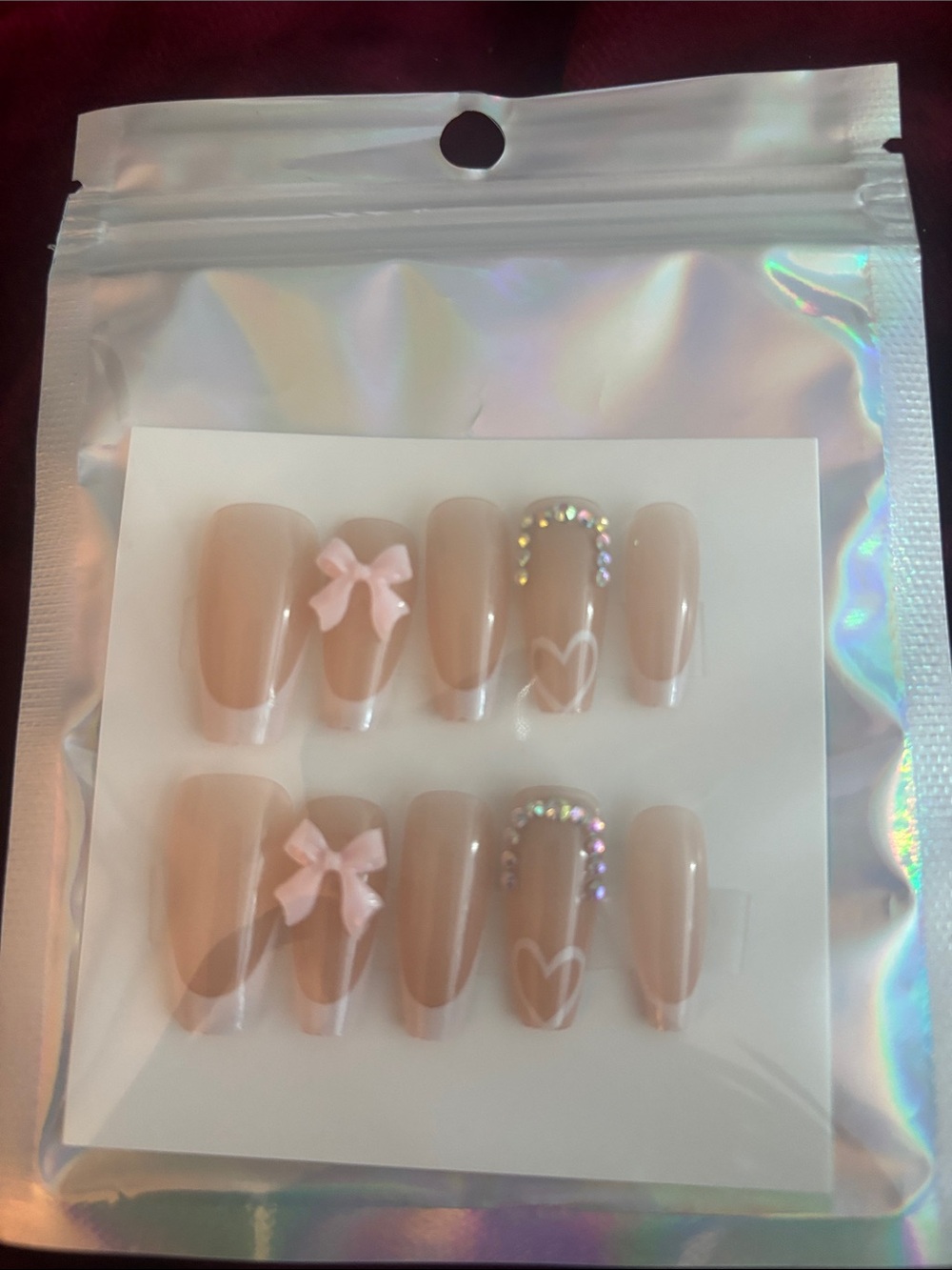 Nude Pink Press-On Nails with Bow & Rhinestone Accent